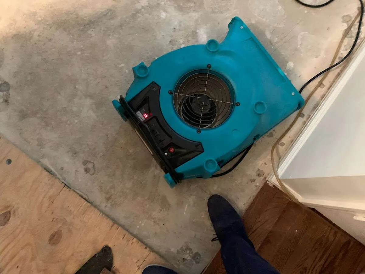 Air mover drying subfloor during Commercial Water Damage Restoration in Walnut Creek
